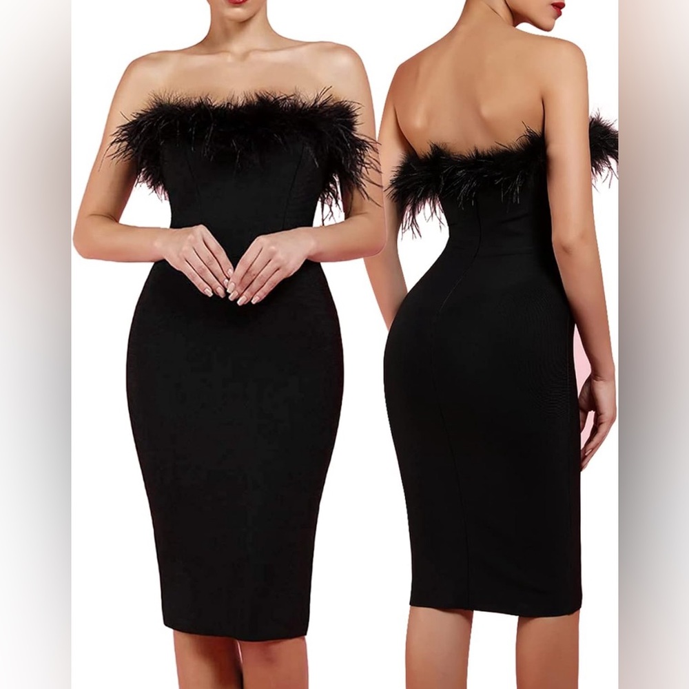 Strapless black bandage feather dress size M NWOT